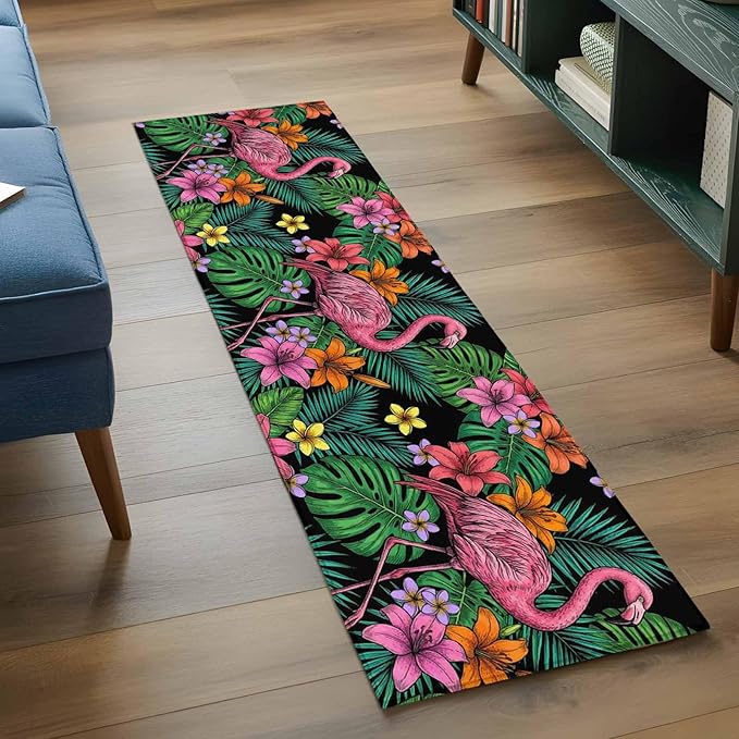 Runner Rug for Bedroom Hallway, Pink Flamingos Tropical Leaf Kitchen Runner Rugs Area Rug 2x6ft, Colorful Lily Blossom Floral Washable Soft Floor Carpet for Entryway Stair