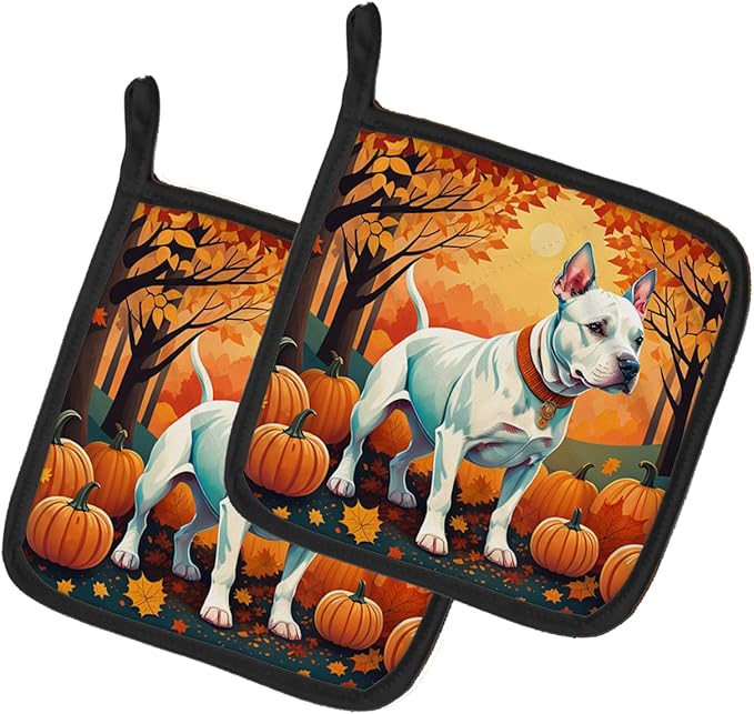 Caroline's Treasures DAC1008PTHD White Pit Bull Terrier Fall Pair of Pot Holders Kitchen Heat Resistant Pot Holders Sets Oven Hot Pads for Cooking Baking BBQ, 7 1/2 x 7 1/2