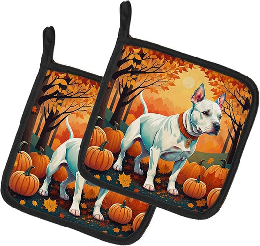 Caroline's Treasures DAC1008PTHD White Pit Bull Terrier Fall Pair of Pot Holders Kitchen Heat Resistant Pot Holders Sets Oven Hot Pads for Cooking Baking BBQ, 7 1/2 x 7 1/2