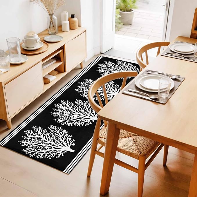Runner Rug for Bedroom Hallway, Coastal Coral Reef Texture Kitchen Runner Rugs Area Rug 2x6ft, Ocean Theme Black White Washable Soft Floor Carpet for Entryway Stair