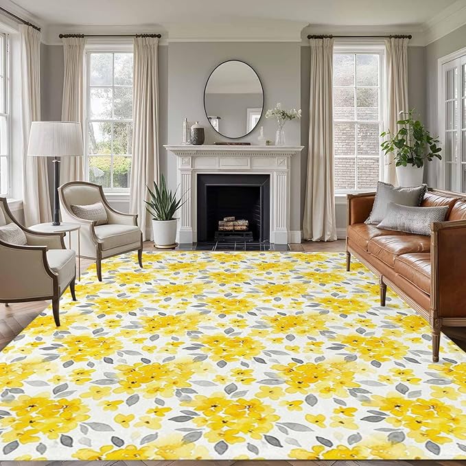 Area Rug 8x10ft, Summer Pastoral Yellow Flower Washable Rugs for Living Room Bedroom, Country Floral Leaf Theme Soft Non-Slip Area Rugs Rectangle Floor Carpet for Dining Room