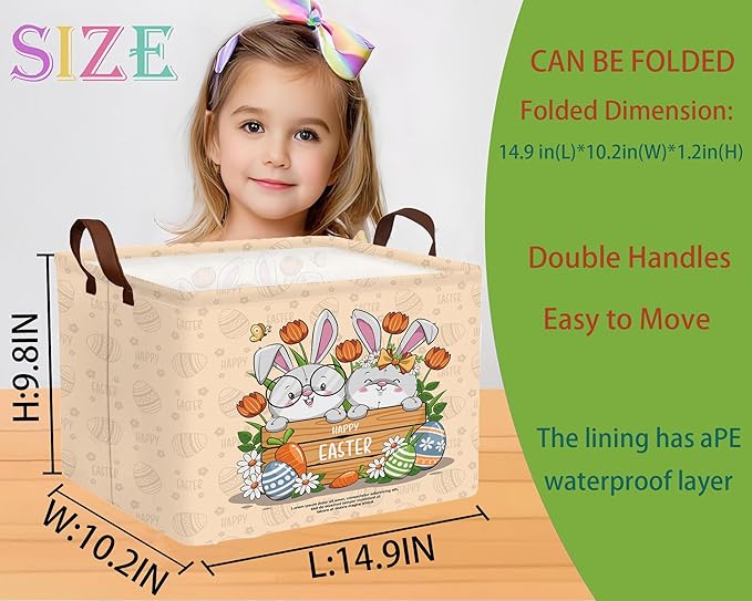 Large Rectangular Easter Baskets Empty Waterproof Boy Toy Box Foldable Kid's Gifts Storage Bin Spring Room Decor(Boy Girl Cute Rabbit)