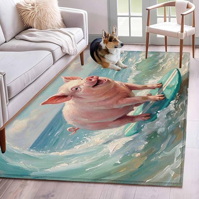 Area Rug 3x5ft, Surfing Farm Pink Pig Washable Rugs for Living Room Bedroom, Summer Blue Sea Wave Beach Soft Non-Slip Area Rugs Rectangle Floor Carpet for Dining Room