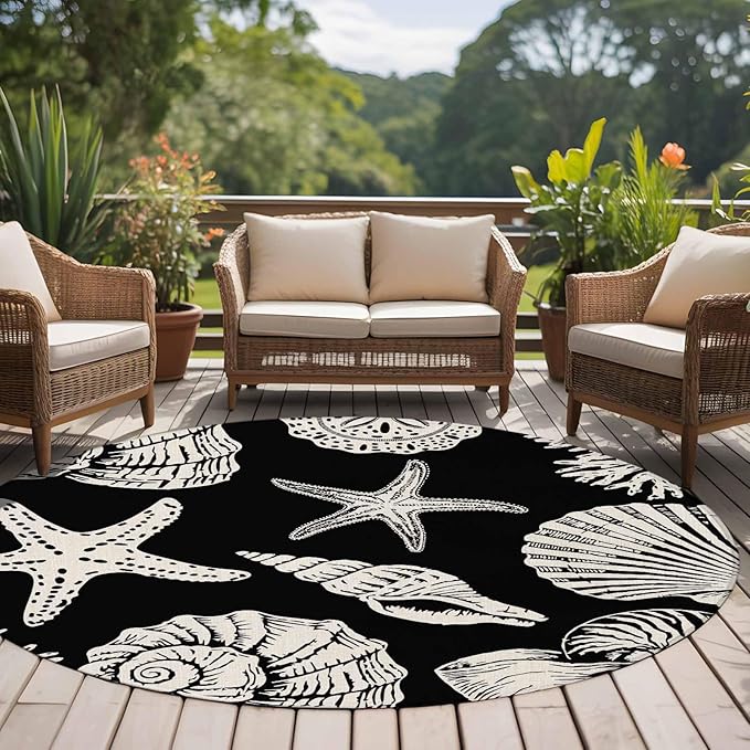 Washable Round Area Rug Marine Starfish Shell Conch Circle Rugs Floor Carpet for Living Room Bedroom, Ocean Life on Black Soft Non Slip Round Rug 5ft