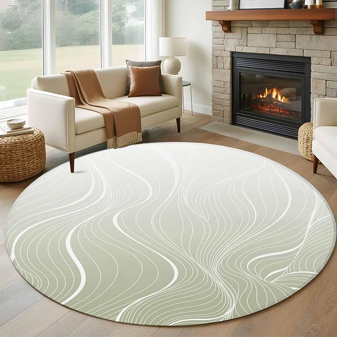 Washable Round Area Rug Sage Green Wavy Gradient Stripes Circle Rugs Floor Carpet for Living Room Bedroom, Geometric Abstract Art Soft Non Slip Round Rug 5ft