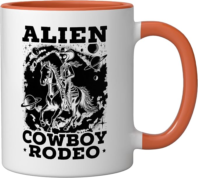 Alien Lover Flying Saucer UFO Extraterrestrial Cowboy Ceramic Mug, Orange/White