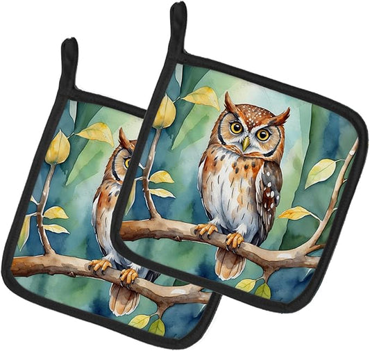 Caroline's Treasures Elf Owl Pair of Pot Holders Kitchen Heat Resistant Pot Holders Sets Oven Hot Pads for Cooking Baking BBQ, 7 1/2 x 7 1/2