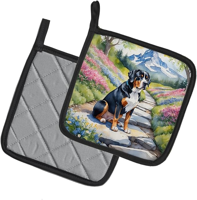 Caroline's Treasures Greater Swiss Mountain Dog Spring Path Pair of Pot Holders Kitchen Heat Resistant Pot Holders Sets Oven Hot Pads for Cooking Baking BBQ, 7 1/2 x 7 1/2
