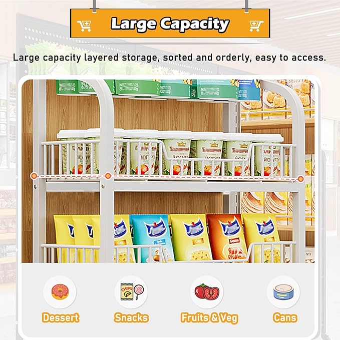 5-Tier Snack Shelf Organizer with Guardrail - Commercial Storage Rack for Fruits, Vegetables, Chips, Candy & Party Food Display - Retail & Wholesale Store Fixture with Hooks (Black)