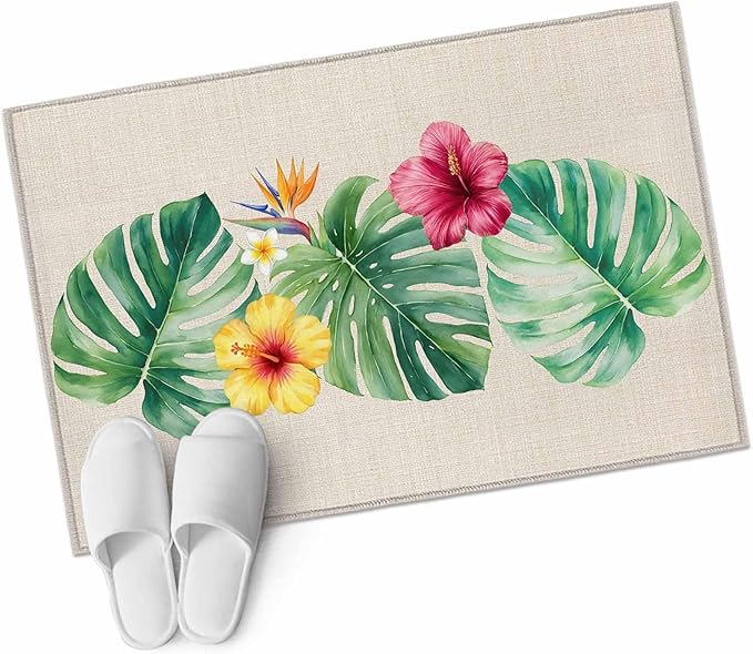 Area Rug 2x3ft, Country Monstera Hibiscus Foliage Washable Rugs for Living Room Bedroom, Tropical Plant Vintage Linen Soft Non-Slip Area Rugs Rectangle Floor Carpet for Dining Room