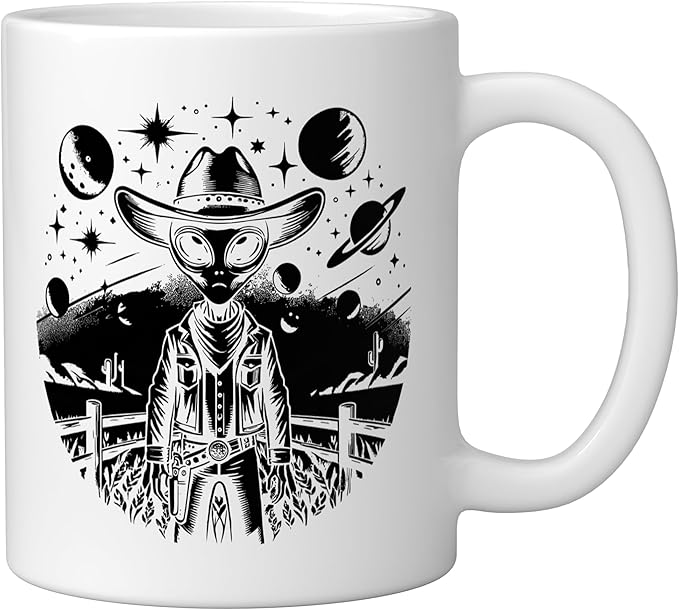 Alien Lover Flying Saucer UFO Extraterrestrial Cowboy Ceramic Mug, White
