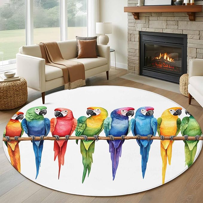 Washable Round Area Rug Funny Watercolor Parrot Circle Rugs Floor Carpet for Living Room Bedroom, Red Green Blue Gradient Bird Soft Non Slip Round Rug 5ft