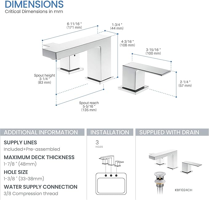 KIBI 2-Handle Cube Bathroom Sink Faucet with Drain Assembly | 3-Hole Installation, Solid Brass Construction | 8-Inch Wide Spread Lavatory Faucet | Chrome Finish, KBF1024