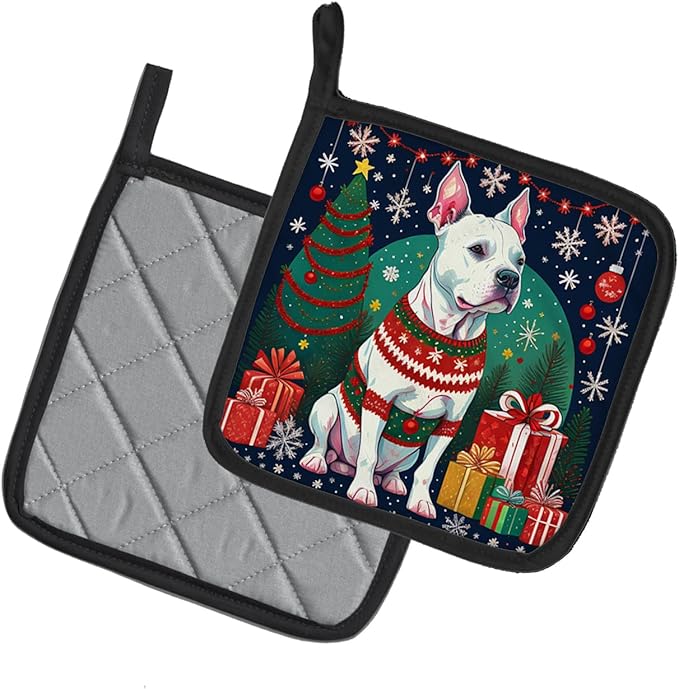 Caroline's Treasures White Pit Bull Terrier Christmas Pair of Pot Holders Kitchen Heat Resistant Pot Holders Sets Oven Hot Pads for Cooking Baking BBQ, 7 1/2 x 7 1/2