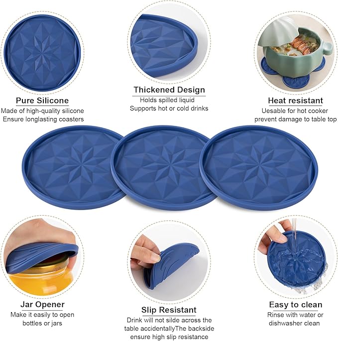OIAHOMY 8 Pcs Coasters with Holder for Beer, Coffee, Silicone Coaster Set for Table Decor for Kitchen, Bar, Dining Room, Living Room, Housewarming Gifts - Blue