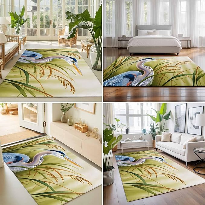 Area Rug 4x6ft, Natural Bird Wetland Landscape Washable Rugs for Living Room Bedroom, Wild Heron Grass Soft Non-Slip Area Rugs Rectangle Floor Carpet for Dining Room