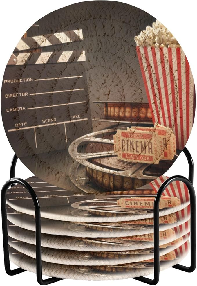 YETTASBIN Movie Theater Popcorn 6 Pcs Drink Coasters with Holder, Cotton Woven Absorbent Heat-Resistant Round Coaster Non-Slip Table Mat for Kitchen Bar Home Decor Housewarming Gift, 3.9 in