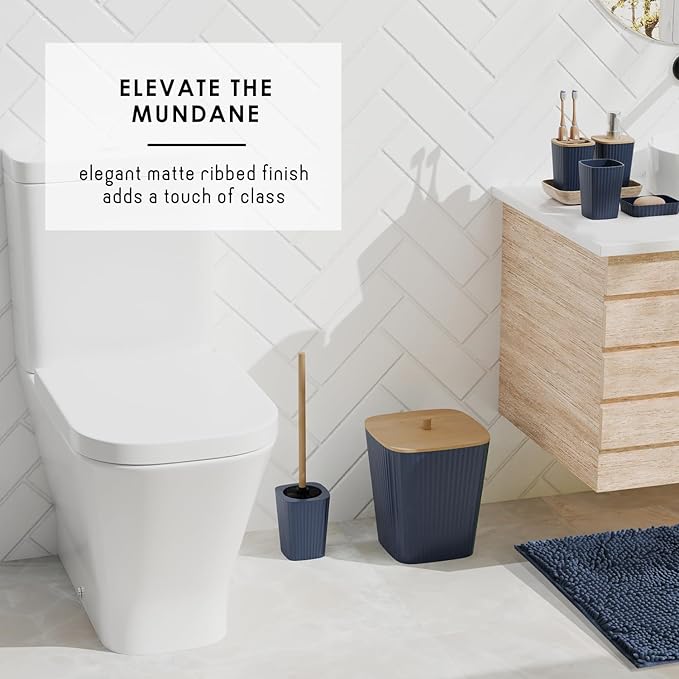 Clara Clark Bathroom Accessories Set - 27PC Bathroom Set with Adhesive Corner Shower Caddy Hanging, Bathroom Sets with Shower Curtain and Rugs, Navy Blue Shower Curtain Set with Bathroom Trash Can