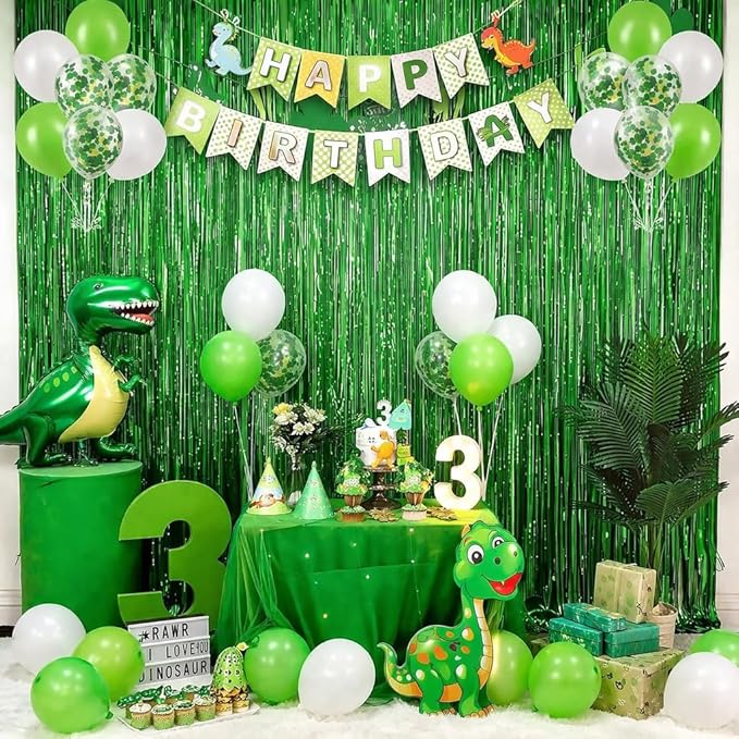 Green Tinsel Backdrop Curtains - 2 Pack Foil Fringe Streamers Photo Backdrop for 2026 World Soccer Cup Party Decorations | Soccer Football Theme Birthday Dinosaur Animal Party Wall Decor