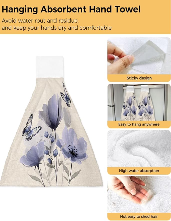 Alandar Home Kitchen Tie Towel Set of 2, Watercolor Purple Flowers Butterfly Absorbent Soft Hand Towels for Bathroom Hanging Towels, Blossom on Vintage Linen Fast Drying Cleaning Cloth with Loop