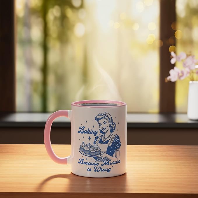 Baking Because Murder Is Wrong Funny cooking baking Ceramic Mug, Pink/White
