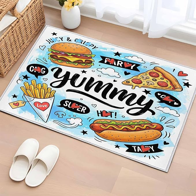 Area Rug 2x3ft, Cartoon Food Abstract Graffiti Washable Rugs for Living Room Bedroom, Blue Sky with Clouds Soft Non-Slip Area Rugs Rectangle Floor Carpet for Dining Room