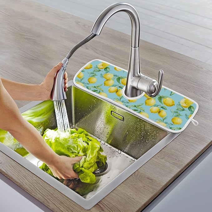 Kitchen Faucet Absorbent Mat,Lemon Fruit Summer Water Splash Guard for Sink, Faucet Drip Catcher Thicken Sponge Microfiber Faucet Water Catcher Mat Sink Absorbent Mat for Kitchen 14x5in 2 Pack