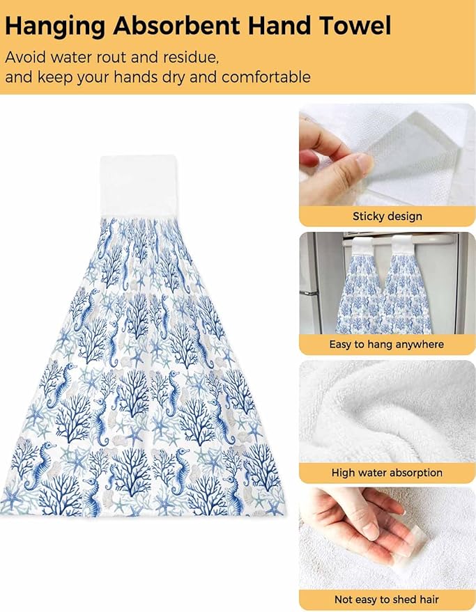 Alandar Home Kitchen Tie Towel Set of 2, Ocean Blue Seahorse Starfish Coral Absorbent Soft Hand Towels for Bathroom Hanging Towels, Watercolor Pearl Fast Drying Cleaning Cloth with Loop
