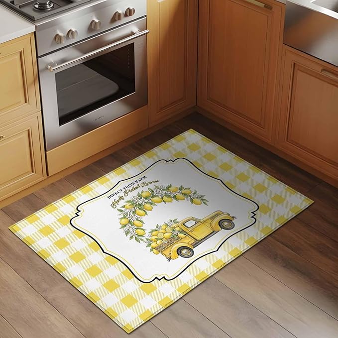Area Rug 2x3ft, Farm Yellow Truck Lemon Fruit Washable Rugs for Living Room Bedroom, Flower Leaves Buffalo Plaid Soft Non-Slip Area Rugs Rectangle Floor Carpet for Dining Room