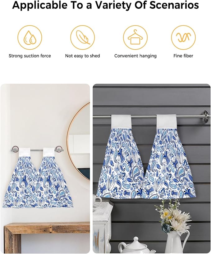 Alandar Home Kitchen Tie Towel Set of 2, Watercolor Paisley Bandanna Absorbent Soft Hand Towels for Bathroom Hanging Towels, Abstract Blue Flowers Fast Drying Cleaning Cloth with Loop