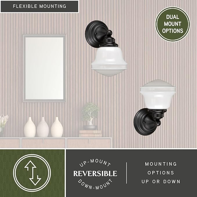 VAXCEL Huntley 1-Light 6.75 inch Wide Oil Rubbed Bronze Farmhouse Bathroom Vanity Lighting Fixture, White Schoolhouse Milk Glass Globe Shade, Dimmable, LED Compatible, Wall Mounted Steel Sconce