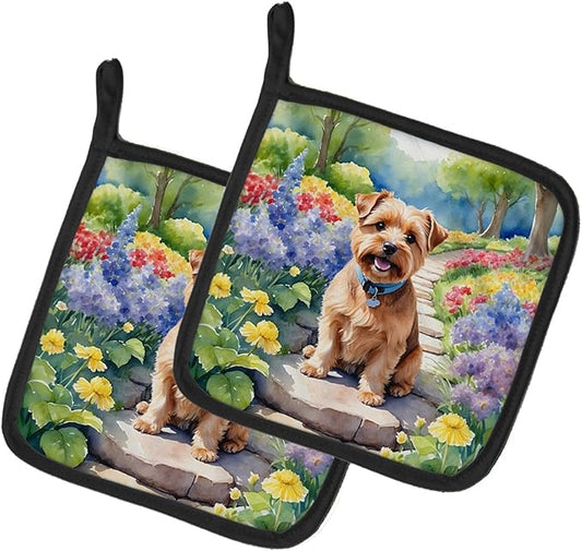 Caroline's Treasures Norfolk Terrier Spring Path Pair of Pot Holders Kitchen Heat Resistant Pot Holders Sets Oven Hot Pads for Cooking Baking BBQ, 7 1/2 x 7 1/2