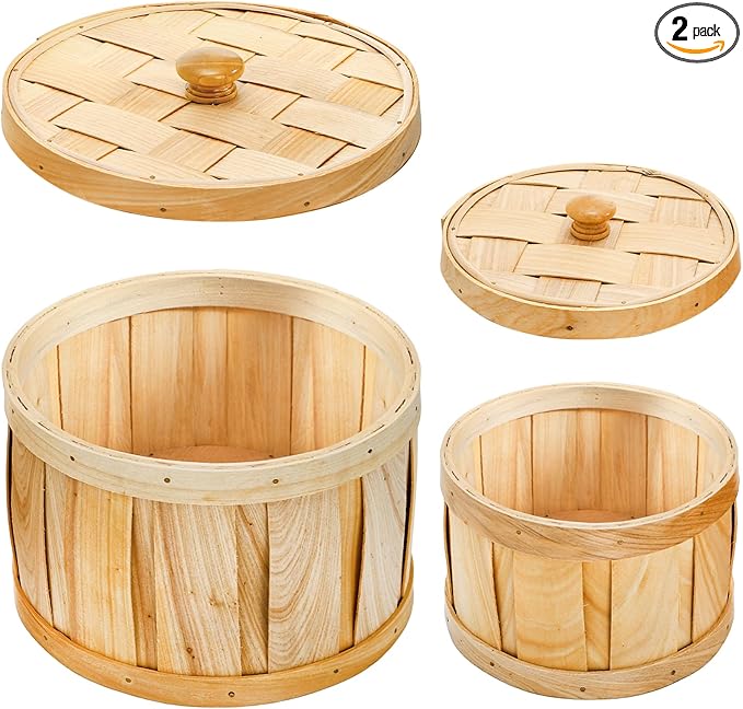 Lawei Set of 2 Round Woven Storage Baskets with Lids, Natural Woodchip Decorative Storage Fruit Buckets, Dust-Proof Kitchen Snack Organizer & Home Decor Storage Bins for Shelf, Home, Office