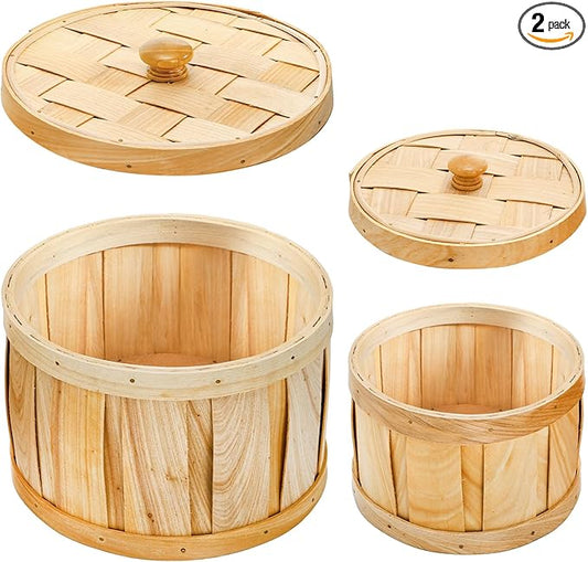 Lawei Set of 2 Round Woven Storage Baskets with Lids, Natural Woodchip Decorative Storage Fruit Buckets, Dust-Proof Kitchen Snack Organizer & Home Decor Storage Bins for Shelf, Home, Office