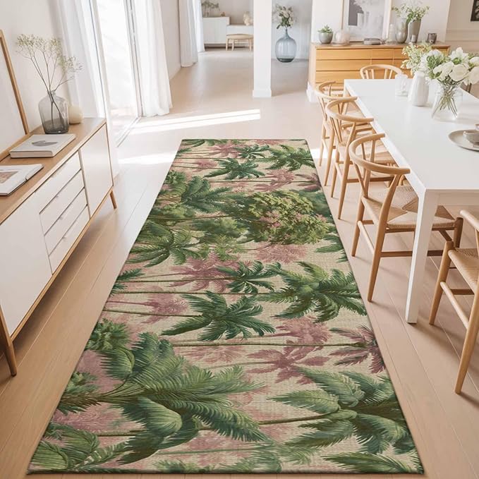 Runner Rug for Bedroom Hallway, Exotic Forest Green Pink Palms Tree Kitchen Runner Rugs Area Rug 2x6ft, Vintage Botantical Washable Soft Floor Carpet for Entryway Stair