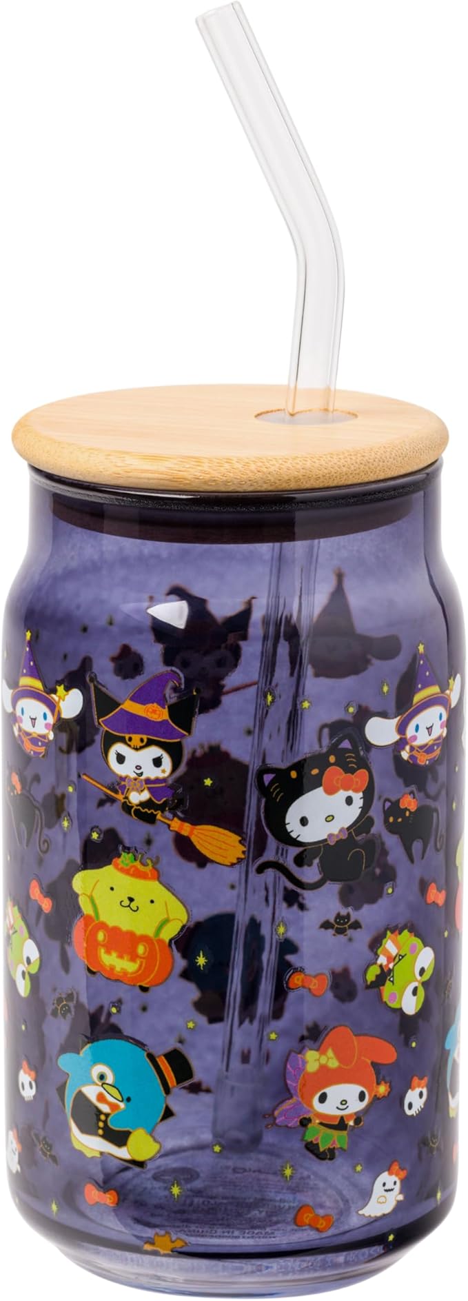 Silver Buffalo Sanrio Hello Kitty & Friends Halloween Kuromi, My Melody, Cinnamoroll, Chococat, Pompompurin, Keroppi, Tuxedo Sam, Badtz-Maru Glass Jar Tumbler w Bamboo Lid and Glass Straw, 16 Ounces