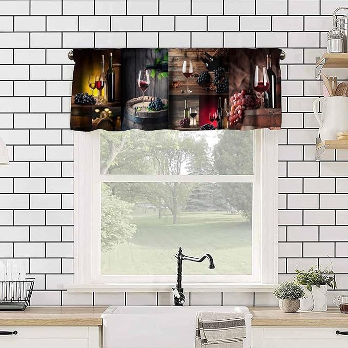 Wine Kitchen Valance, Rustic Wooden Board Wine Barrel Glass Grape Short Window Treatment for Home Bar Dining Bedroom Living Room Resturant, 54x18Inch
