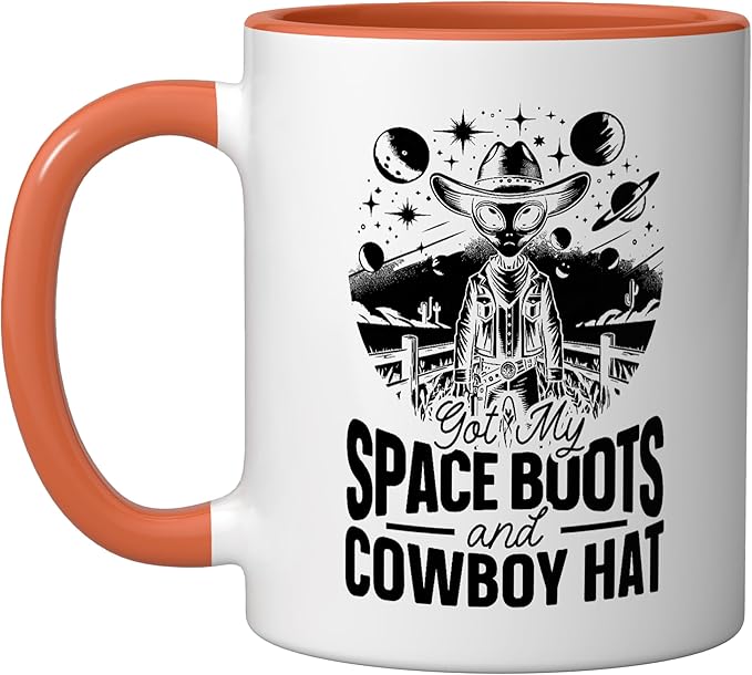 Alien Lover Flying Saucer UFO Extraterrestrial Cowboy Ceramic Mug, Orange/White