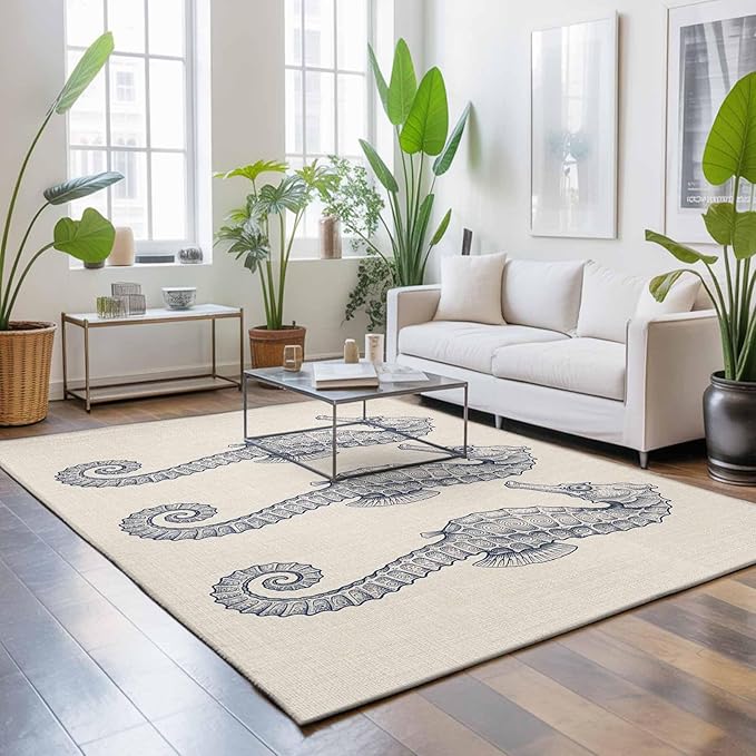 Area Rug 3x5ft, Marine Life Seahorse on Burlap Washable Rugs for Living Room Bedroom, Farmhouse Ocean Theme Soft Non-Slip Area Rugs Rectangle Floor Carpet for Dining Room