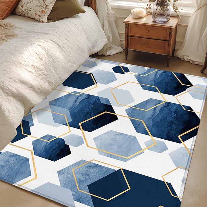 Area Rug 4x6ft, Watercolor Blue Hexagon Washable Rugs for Living Room Bedroom, Abstract Geometric Art Soft Non-Slip Area Rugs Rectangle Floor Carpet for Dining Room