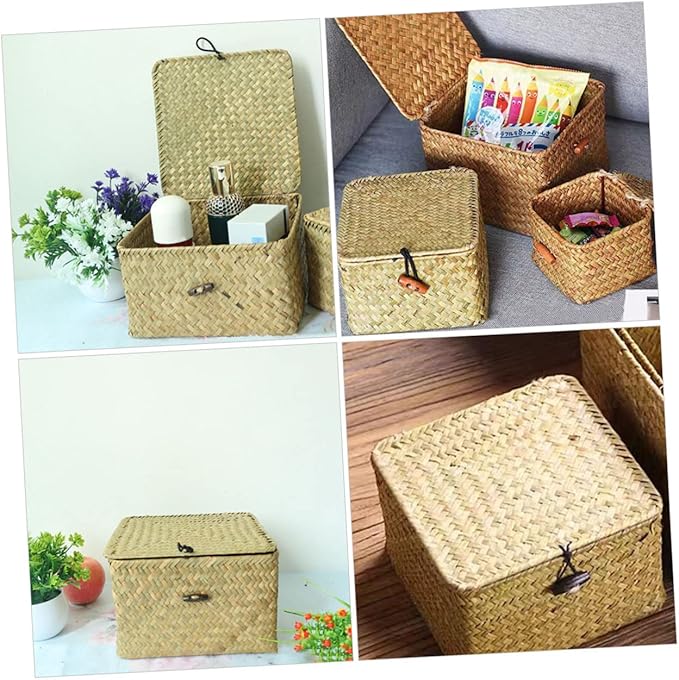 IMIKEYA 1Pc Natural Woven Storage Box with Lid Multi Functional present Holding Basket for Home Decor for Organizing Bedroom Stylish
