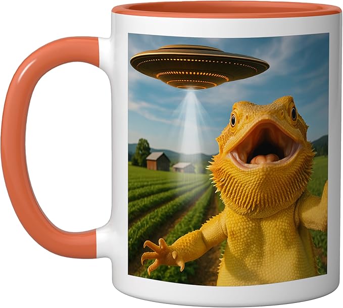 Funny Bearded Dragon Selfie with Alien UFO Ceramic Mug, Orange/White