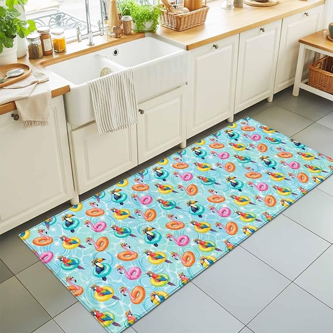 Runner Rug for Bedroom Hallway, Summer Pool Float Swim Rings Kitchen Runner Rugs Area Rug 2x6ft, Tropical Flamingo Birds Washable Soft Floor Carpet for Entryway Stair