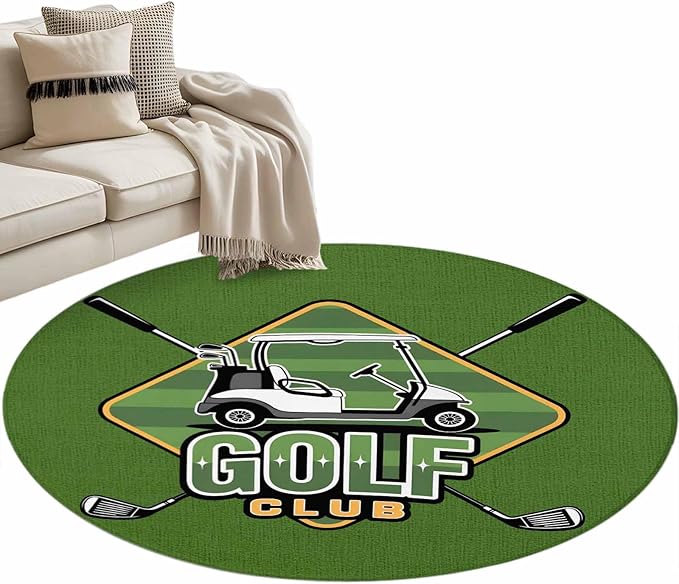Washable Round Area Rug Golf Club Sports Circle Rugs Floor Carpet for Living Room Bedroom, Green Soft Non Slip Round Rug 3ft