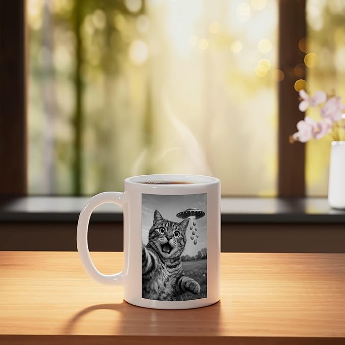 Funny Cat Selfie Easter Eggs Alien UFO Abduction Men Women Ceramic Mug, White