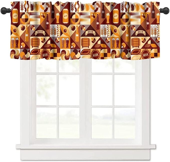 Modern Beer Kitchen Valance, Brown Geometric Beer Drink Print Short Window Treatment for Dining Living Room Bedroom Pub Home Bar, 54x18Inch