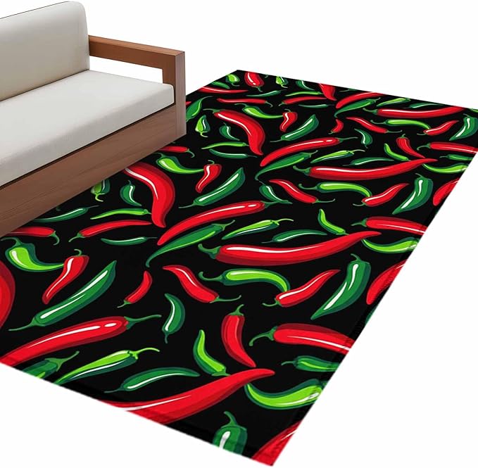 Area Rug 3x5ft, Spicy Chili Pepper Pattern Washable Rugs for Living Room Bedroom, Red Green Peppers on Black Soft Non-Slip Area Rugs Rectangle Floor Carpet for Dining Room