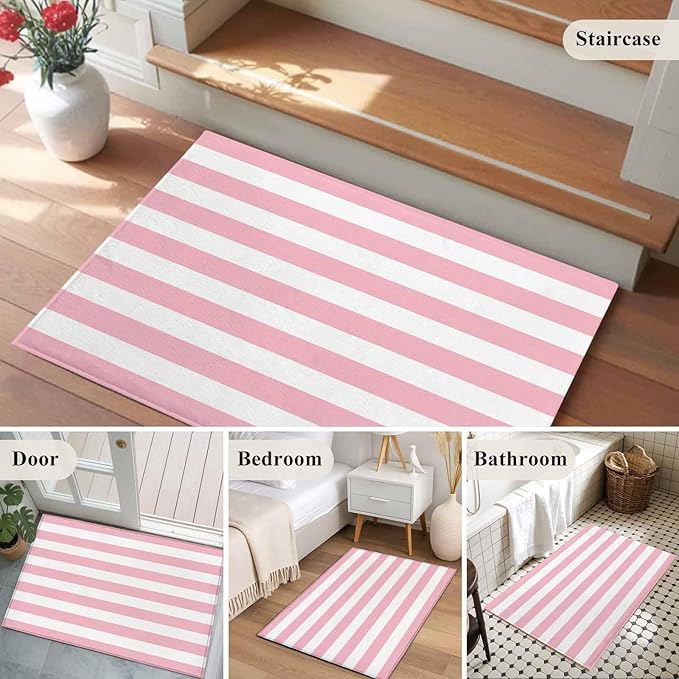 Area Rug 2x3ft, Pink White Stripe Washable Rugs for Living Room Bedroom, Classic Geometric Line Soft Non-Slip Area Rugs Rectangle Floor Carpet for Dining Room