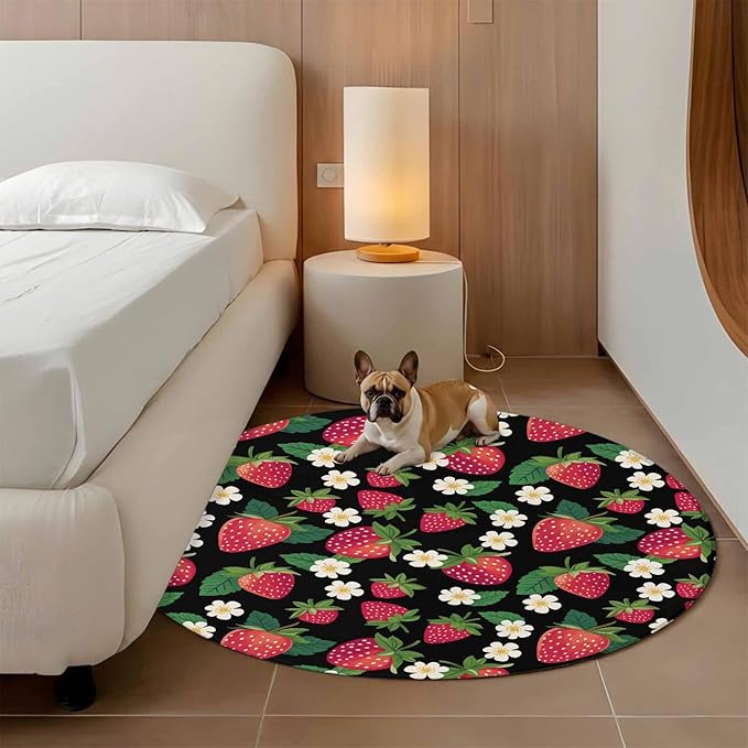 Washable Round Area Rug Red Strawberry Litter Flower Leaves on Black Circle Rugs Floor Carpet for Living Room Bedroom, Summer Fruit Soft Non Slip Round Rug 3ft