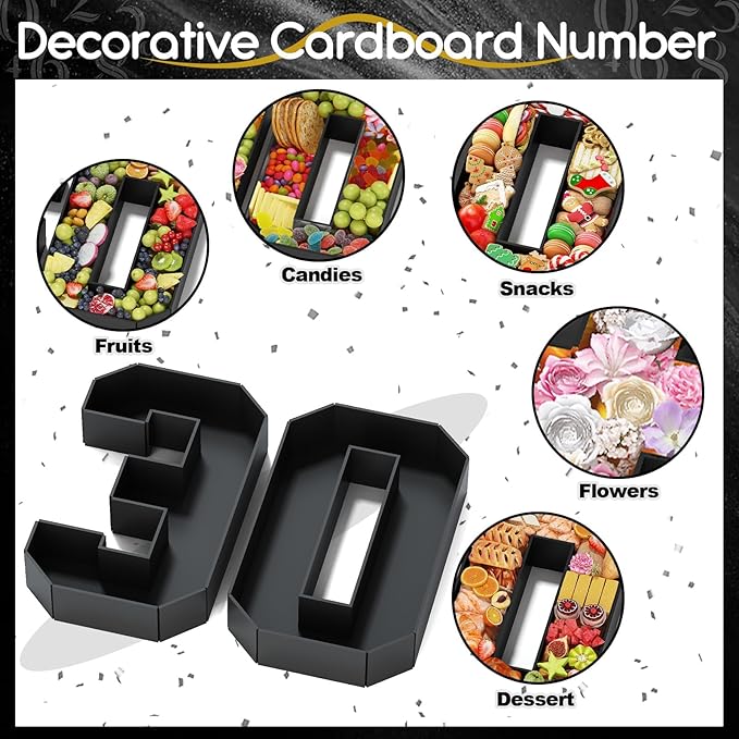 30 Cardboard Numbers for Charcuterie Numbers Fillable 13.8'' Black Paper Mache Number Shaped Cupcake Pans Board Box Trays Container for Food Candy 30th Birthday Party Decorations Anniversary